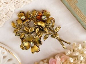 Vintage Coro Floral Spray Brooch Gold Tone AB Rhinestone Flower Bouquet Pin 1956